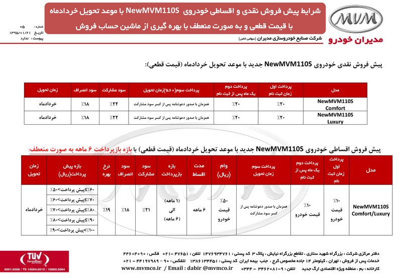    شرایط پیش فروش ام وی ام 110 جدید با قیمت قطعی با موعد خرداد 95 