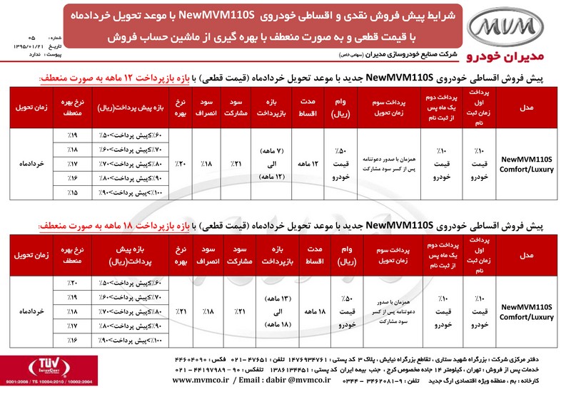    شرایط پیش فروش ام وی ام 110 جدید با قیمت قطعی با موعد خرداد 95 